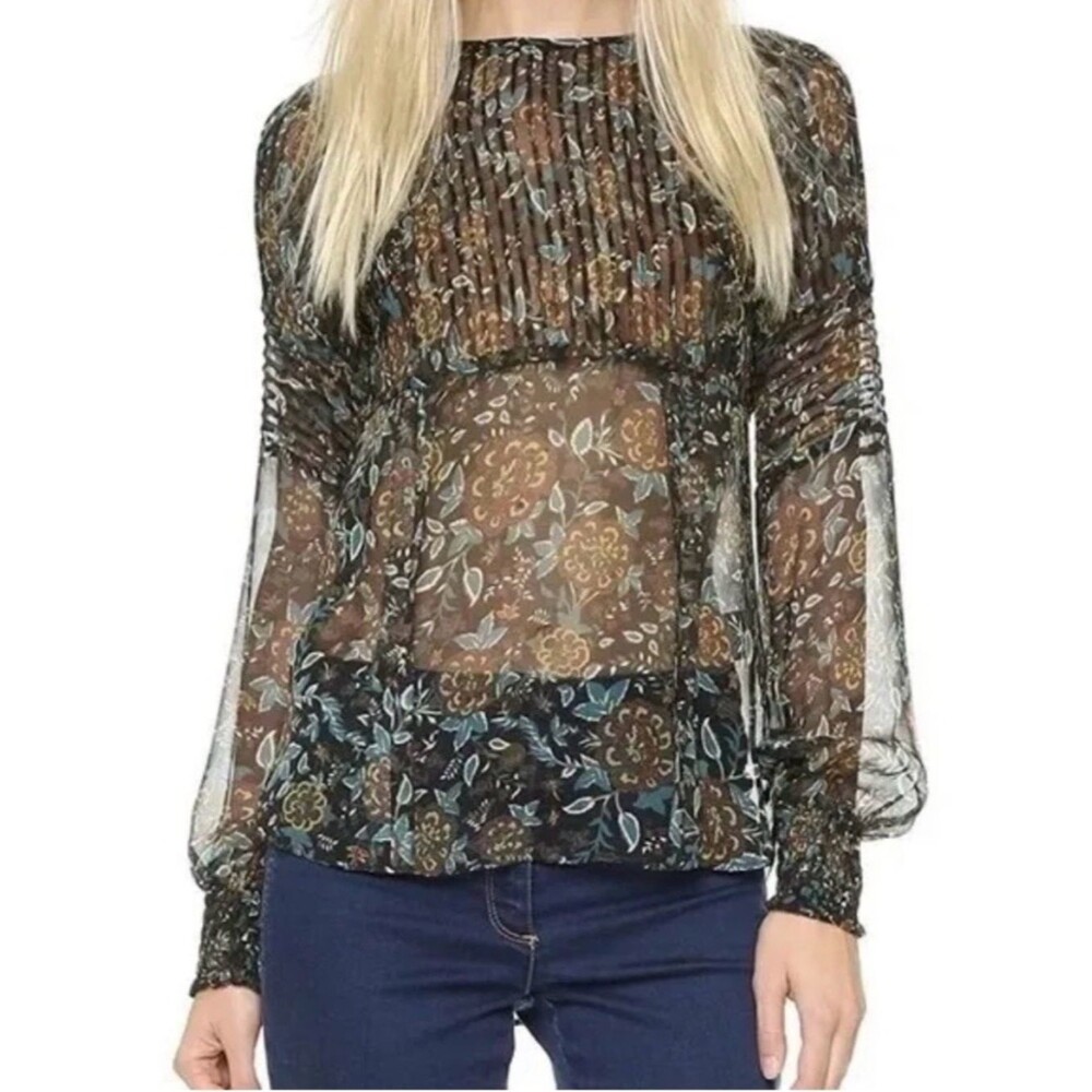 Veronica Beard Tooley 100% Silk Long Sleeve Floral Sheer Blouse Top Size 8 M